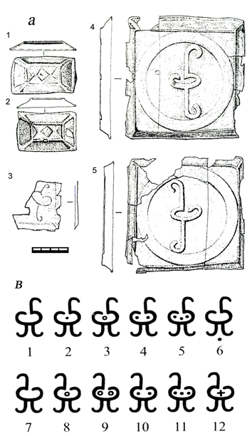 Tamga-signs on various artifacts: a – horse harness plates from
	barrow 9 of burial ground Pokrovka 2 (according to Malashev,
	Yablonsky, 2008); b – early Chach coins of group 1 (Shagalov,
	Kuznetsov 2006)