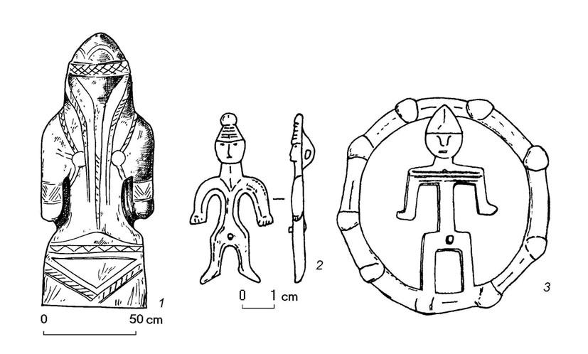 [Polovtsian stone statue, bronze
figurine from Bavtughay burial and a bronze amulet from Kamunta cemetery]