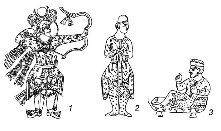 [The figures of shahanshah Peroz (1), Sasanian grandee (2) and noble
bridegroom (3) on Sasanian silver vessels]